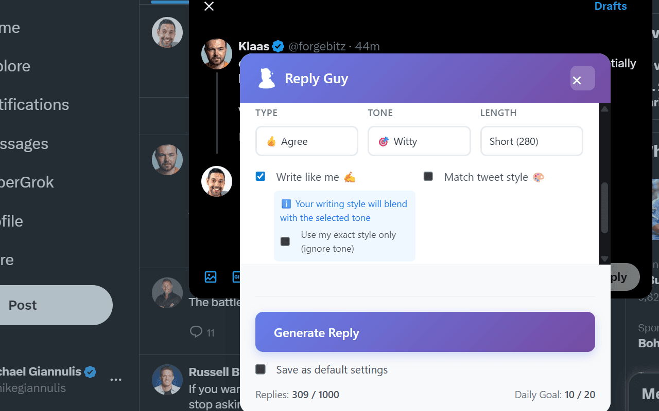 ReplyGuy Chrome Extension Interface